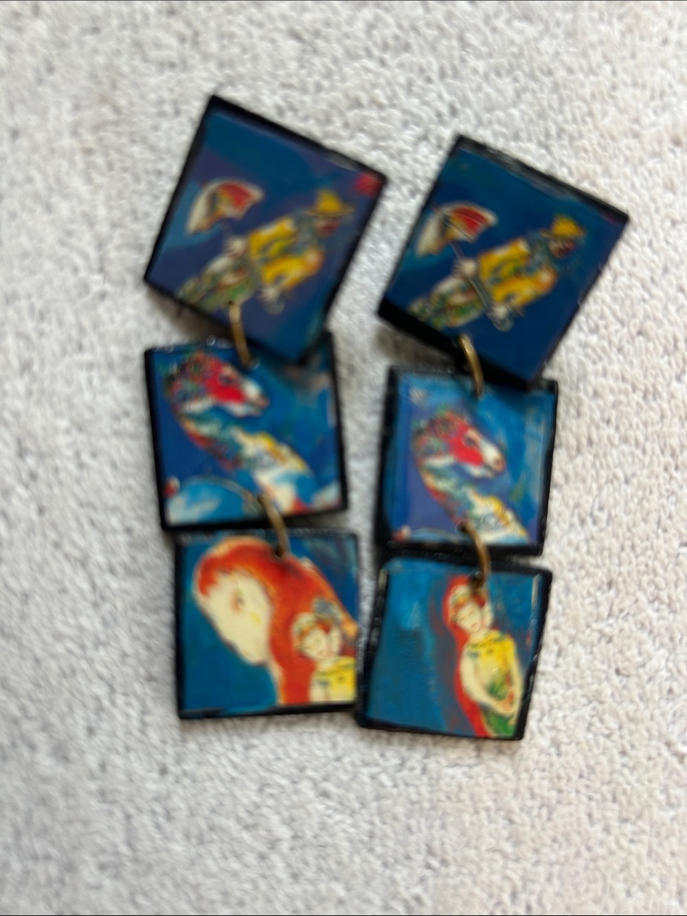 Chagall Hand-Painted and collaged Blue Multi-Panel Dangle Earrings
